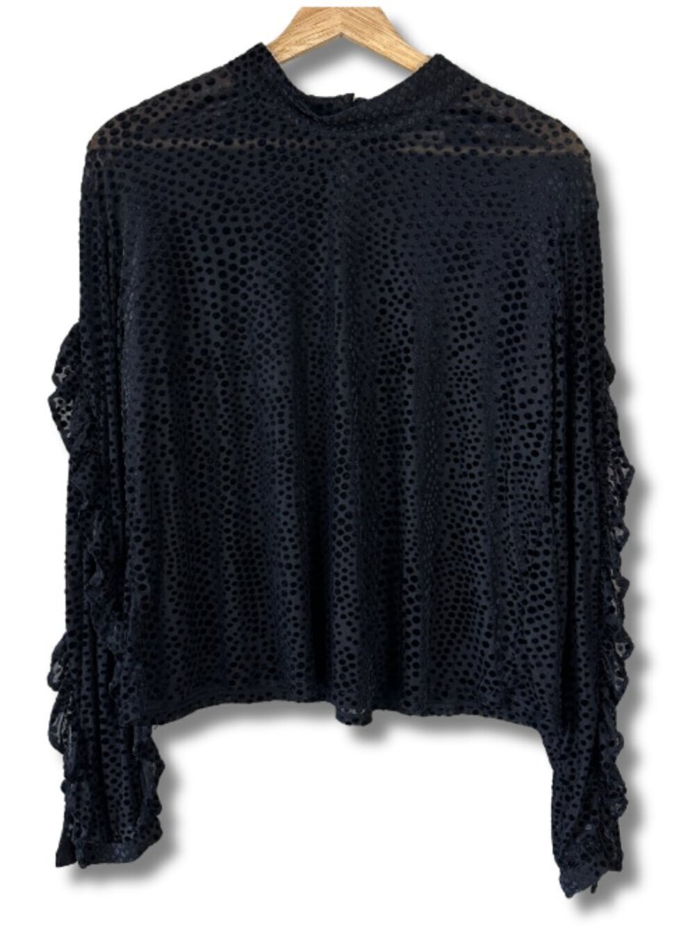 Avec Les Filles Sheer Velvet Dot Ruffle Mock Neck Top Women’s Large Black